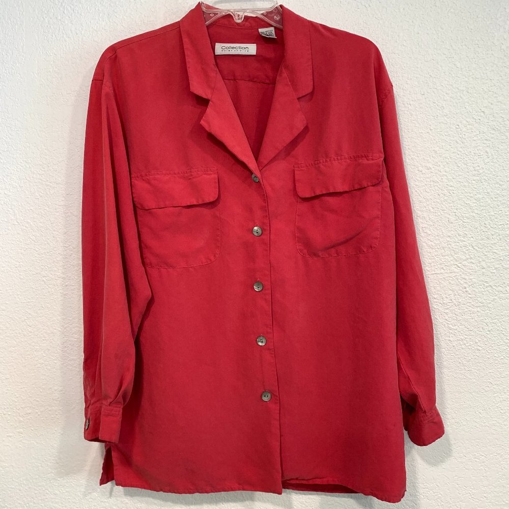 Collection Point of View 100% Silk Blouse Coral Pink Womens Med Fits like L / XL